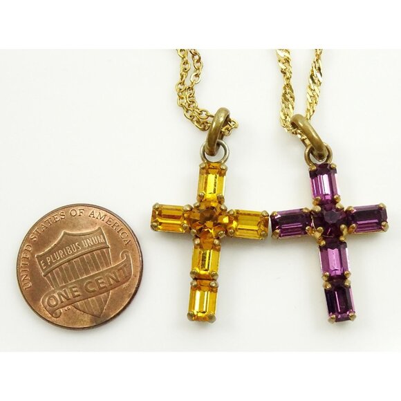 Cross Necklace Lot of 2 Necklaces Purple and Yellow Stone Religious Jewelry - Picture 4 of 4